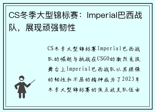 CS冬季大型锦标赛：Imperial巴西战队，展现顽强韧性