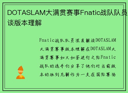 DOTASLAM大满贯赛事Fnatic战队队员谈版本理解