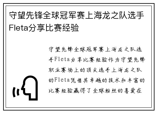 守望先锋全球冠军赛上海龙之队选手Fleta分享比赛经验